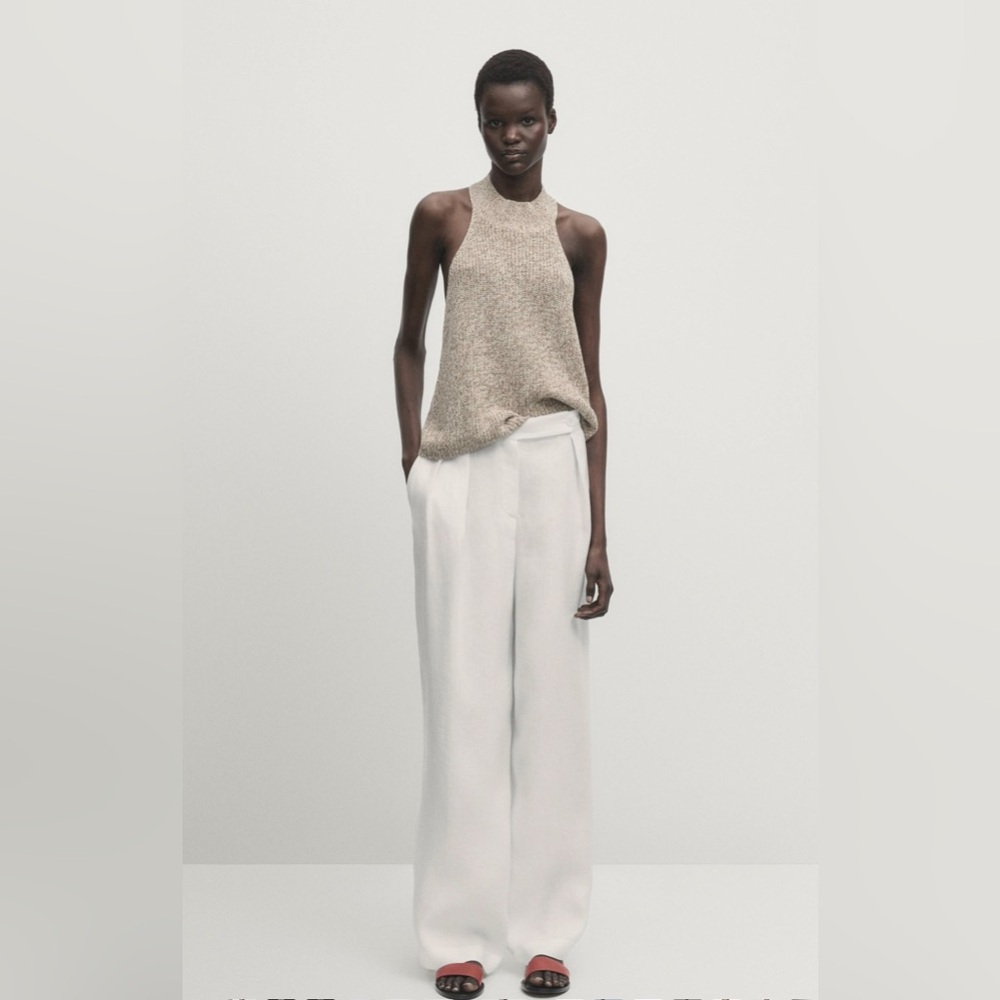 Massimo Dutti 100% Linen Off-White Wide-Leg Women's Pants/Trousers